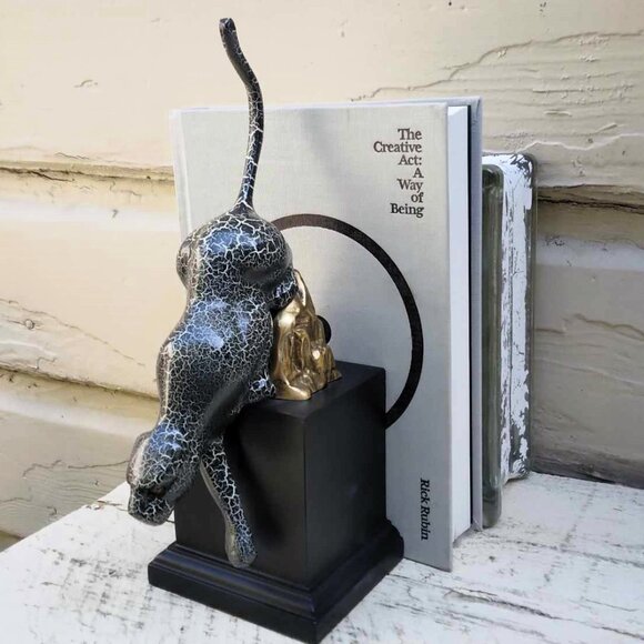 Single Bookend Sleek Metal Crouching Leopard Upon Gold Rock set on Black Block